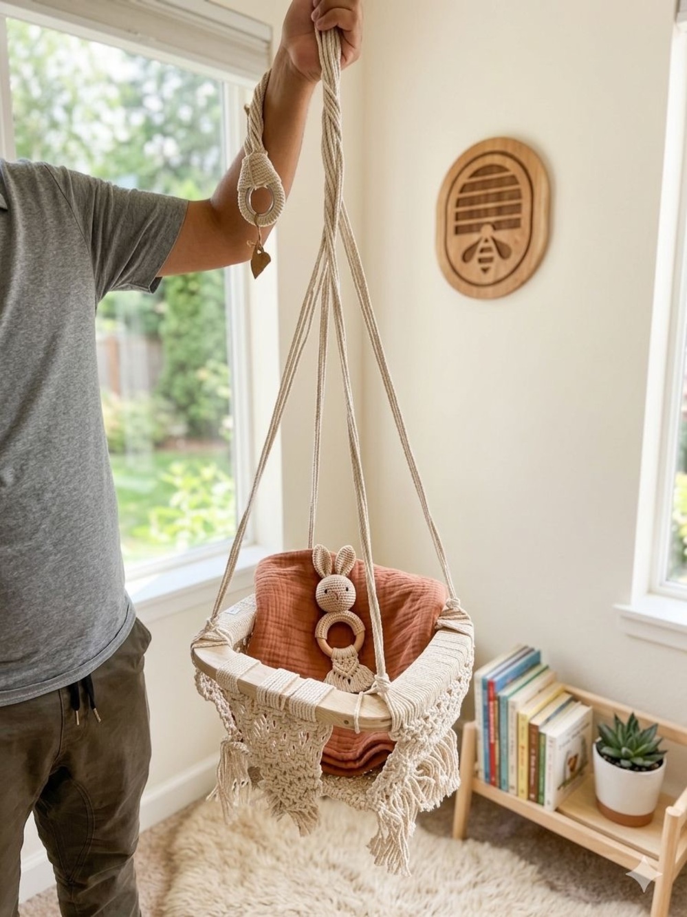 Handmade Macrame Baby Swing with Terracotta Cushion